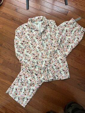 Boden Floral & Bird Print Flannel Pajama Set - White, Pink & Green SIZE US 6.